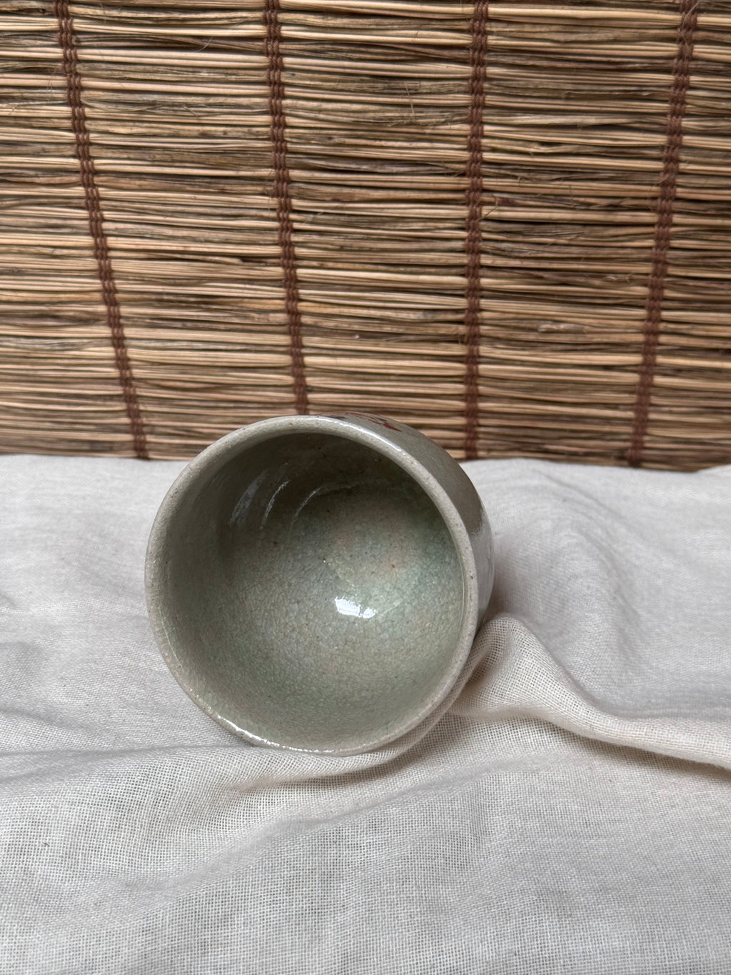 Footed Celadon Cup — Iron-Red Floral Spray, Crackle Glaze