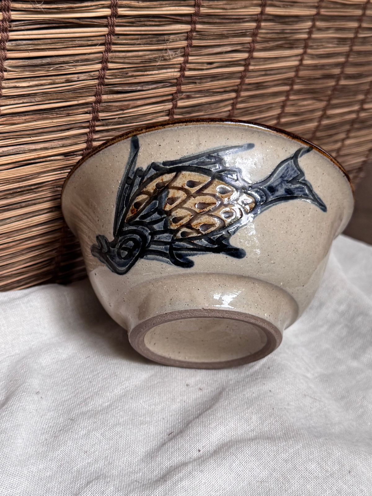 Tsuboya Ryukyu Chawan - Hand-Painted Fish Motif Tea Bowl, Okinawan Pottery