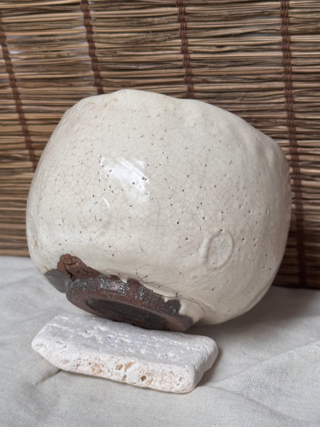 Shino Matcha Chawan — White Feldspar Glaze, Pinholed "Citron Skin" Surface