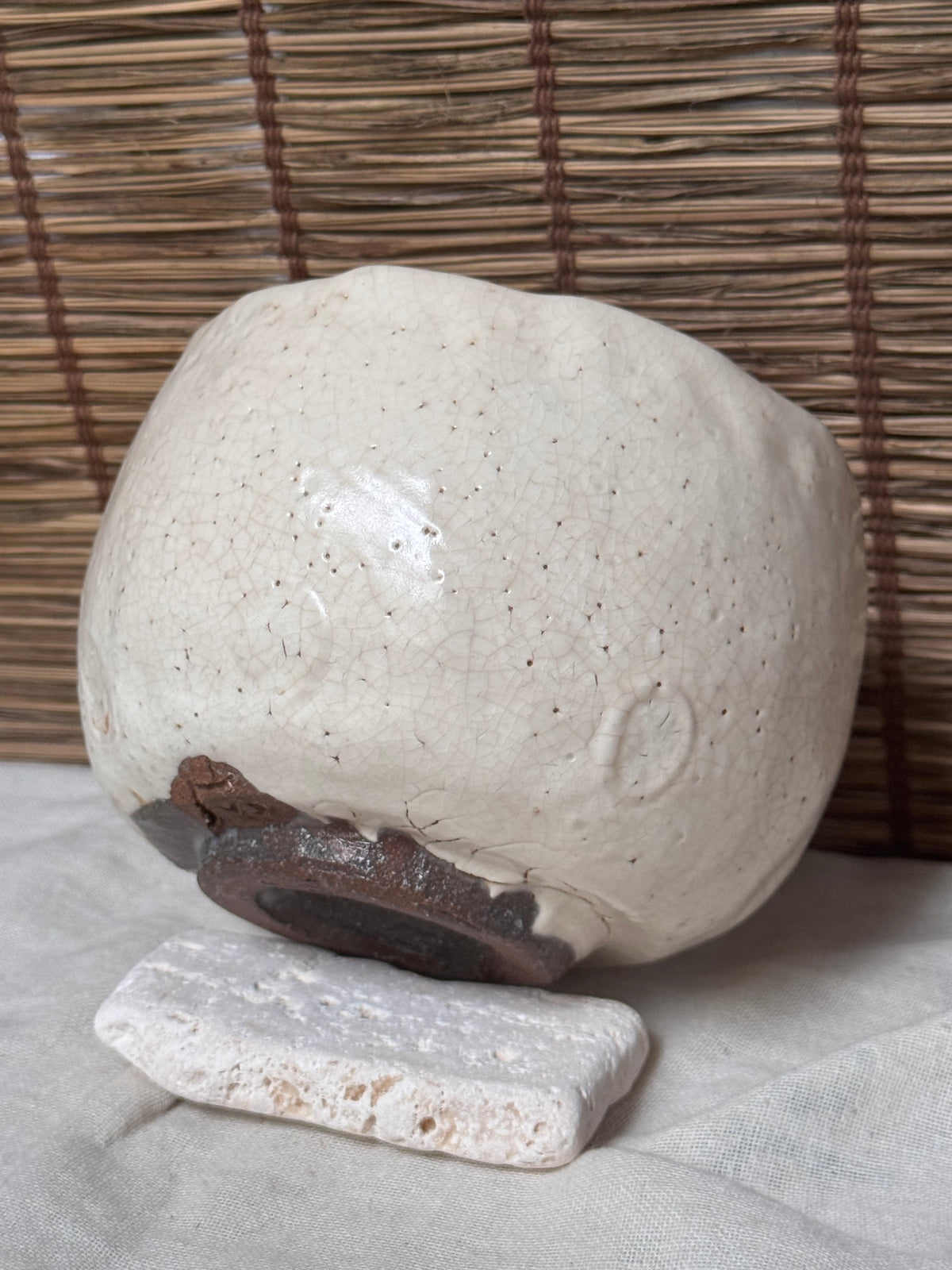 Shino Matcha Chawan — White Feldspar Glaze, Pinholed "Citron Skin" Surface