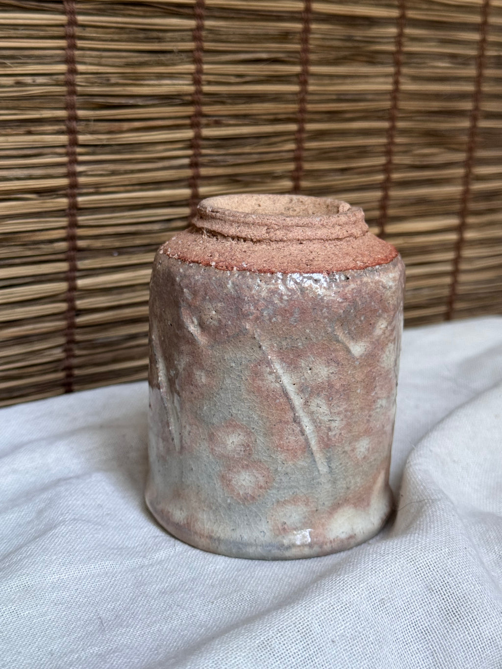 Hagi-yaki Blush Pink Ash Glaze Cup, Faceted Body, Unglazed Rim
