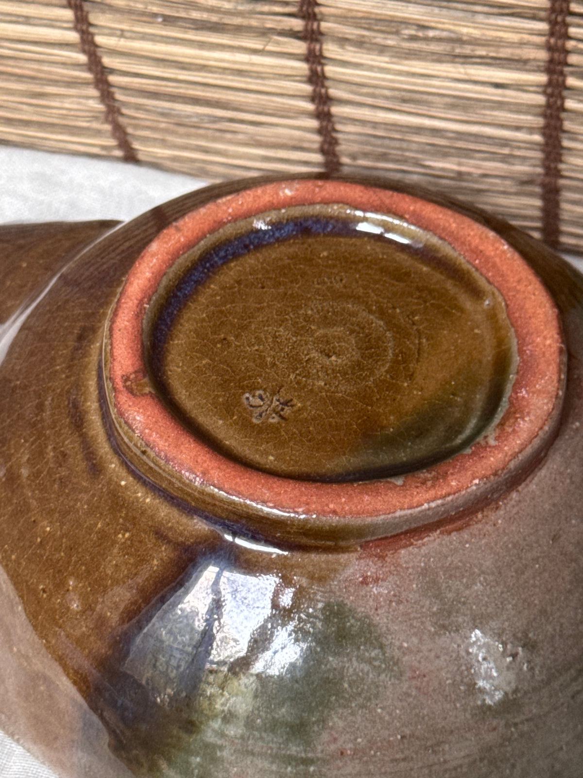 Katakuchi Matcha Bowl — Amber and Green Split Glaze, Blue Opalescence, Impressed Seal