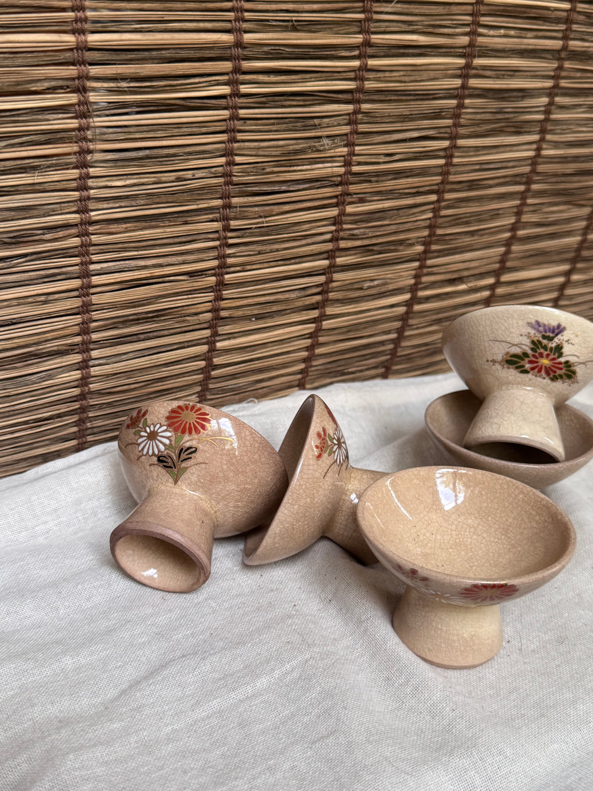 Kutani Ware Footed Sake Cups & Stands, Set of 5 — Hand-Painted Chrysanthemum, Crackle Glaze