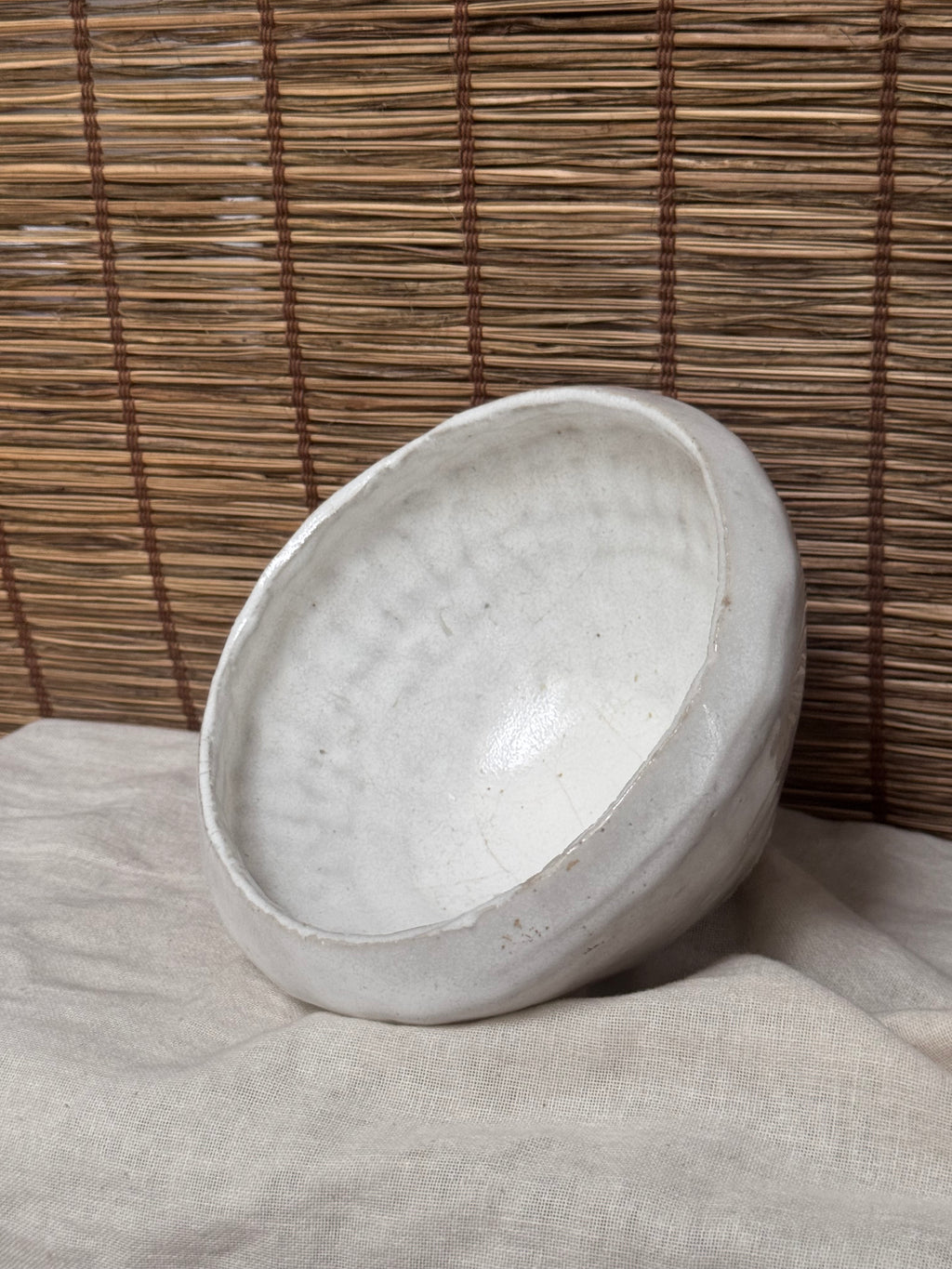 Organic White Glazed Stoneware Bowl — Hand-Formed Tapered Sides, Raw Clay Foot