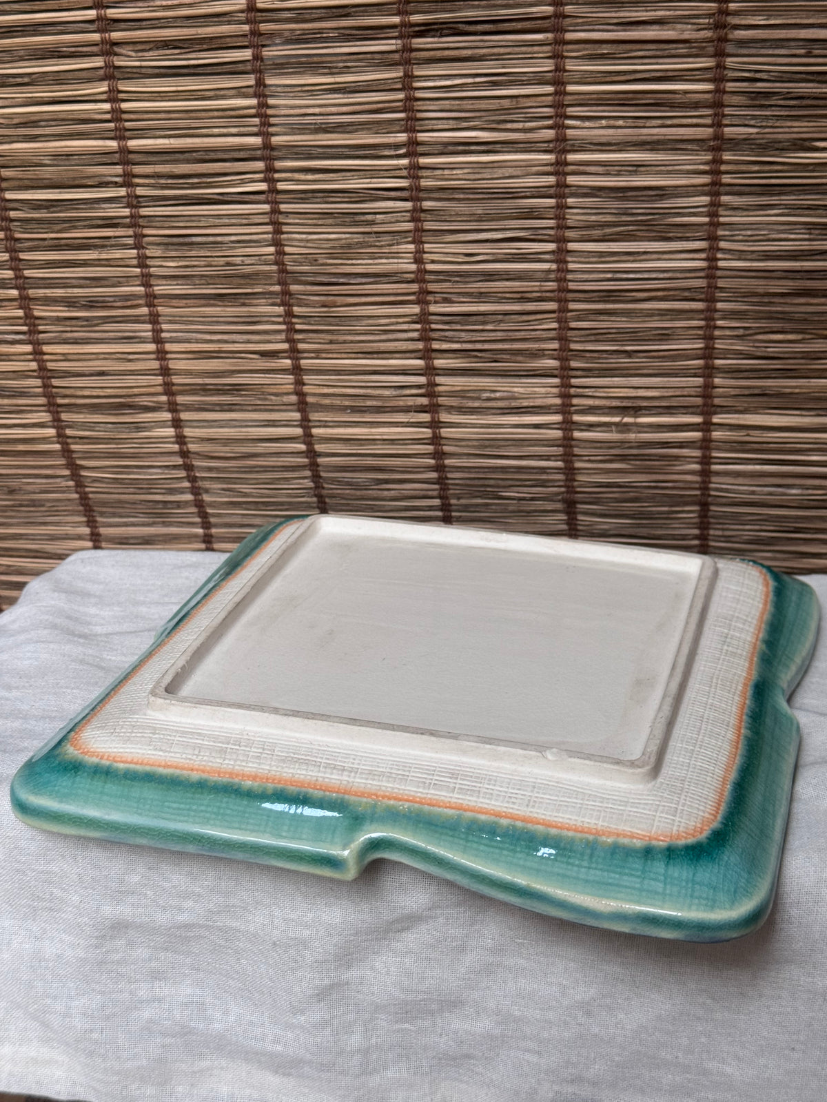 Turquoise Crackle-Glaze Serving Tray — Carved Bamboo & Crab Motif, Rope-Twist Rim