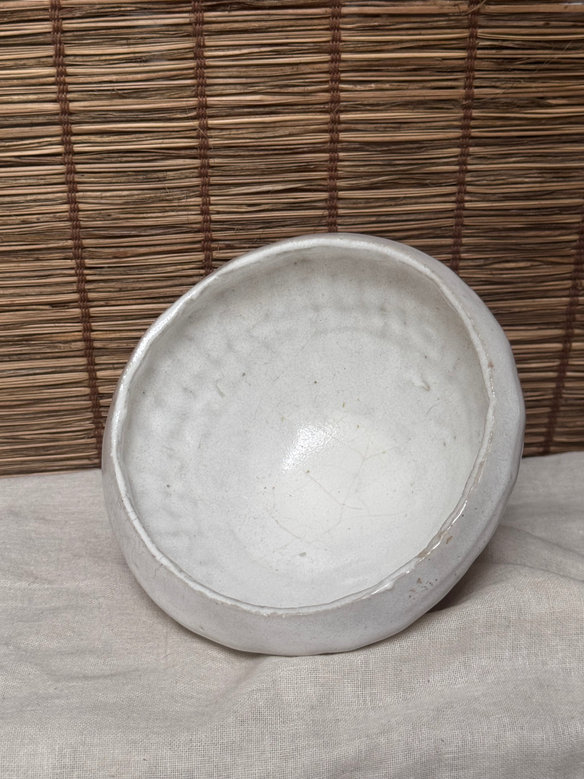 Organic White Glazed Stoneware Bowl — Hand-Formed Tapered Sides, Raw Clay Foot