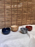 Four Mismatched Guinomi Sake Cups — Cobalt Blue, Crackled Ivory, Marbled Grey, Oxblood Speckle