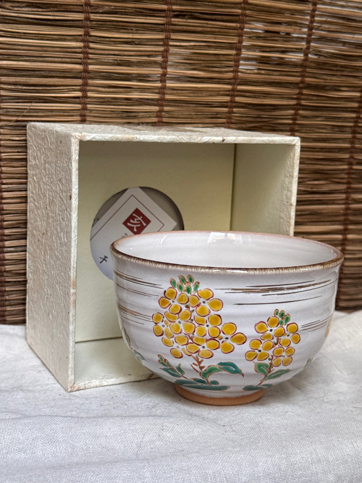 Kiyomizu Kyo-yaki Matcha Chawan by Ryoji — Hand-Painted Rapeseed Flower Design, Original Box