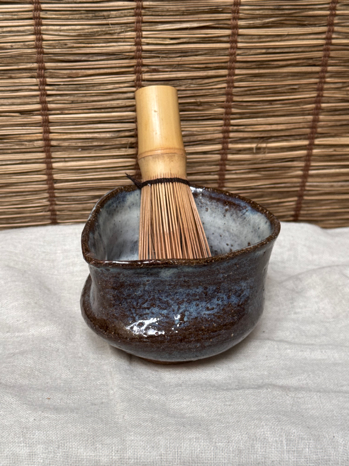 Matcha Chawan (Small)— Blue-White Opalescent Glaze, Iron Clay, Pinched Triangular Rim