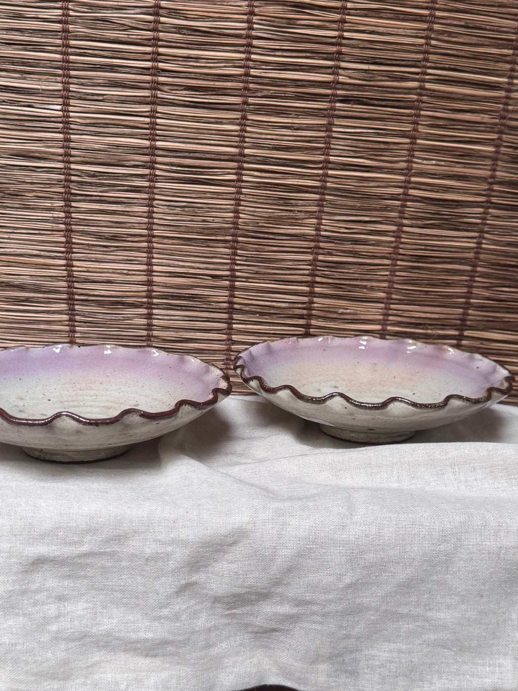 Lavender-Rimmed Scalloped Dishes, Pair — Spiral Throwing Rings, Iron-Brown Wave Edge
