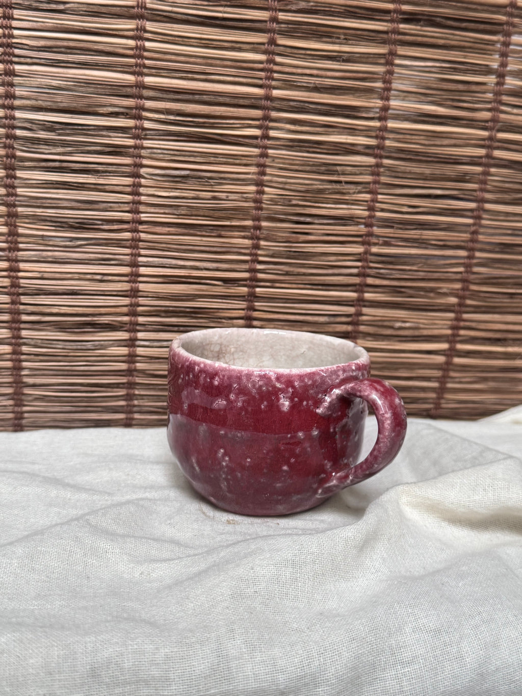 Copper-Red Glazed Studio Mug — Oxblood Drip Glaze, Crackle Interior