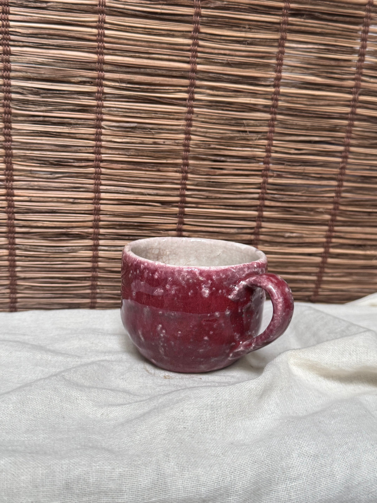Copper-Red Glazed Studio Mug — Oxblood Drip Glaze, Crackle Interior