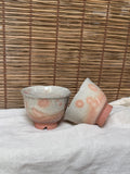 Hagi-Style Yunomi Tea Cups, Pair — Spouted Rim, Twisted Footring with Ash-Spots