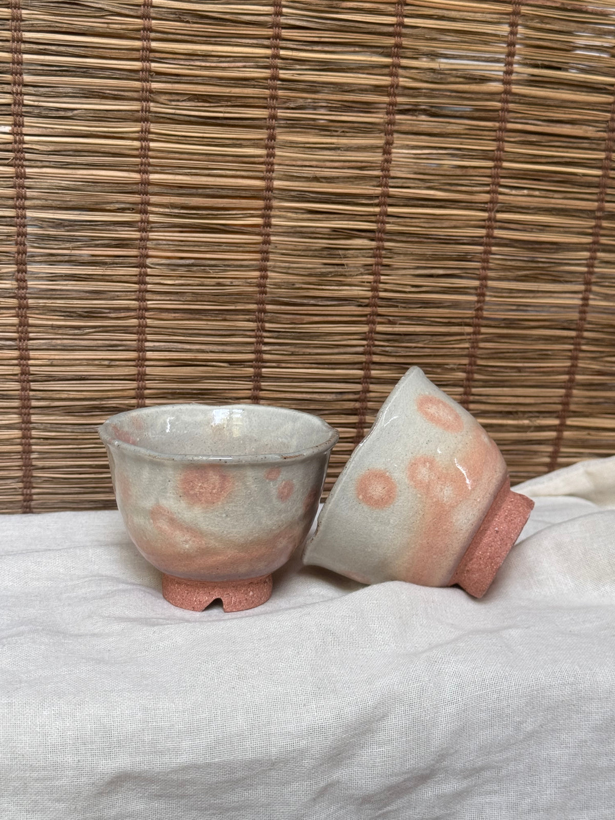 Hagi-Style Yunomi Tea Cups, Pair — Spouted Rim, Twisted Footring with Ash-Spots