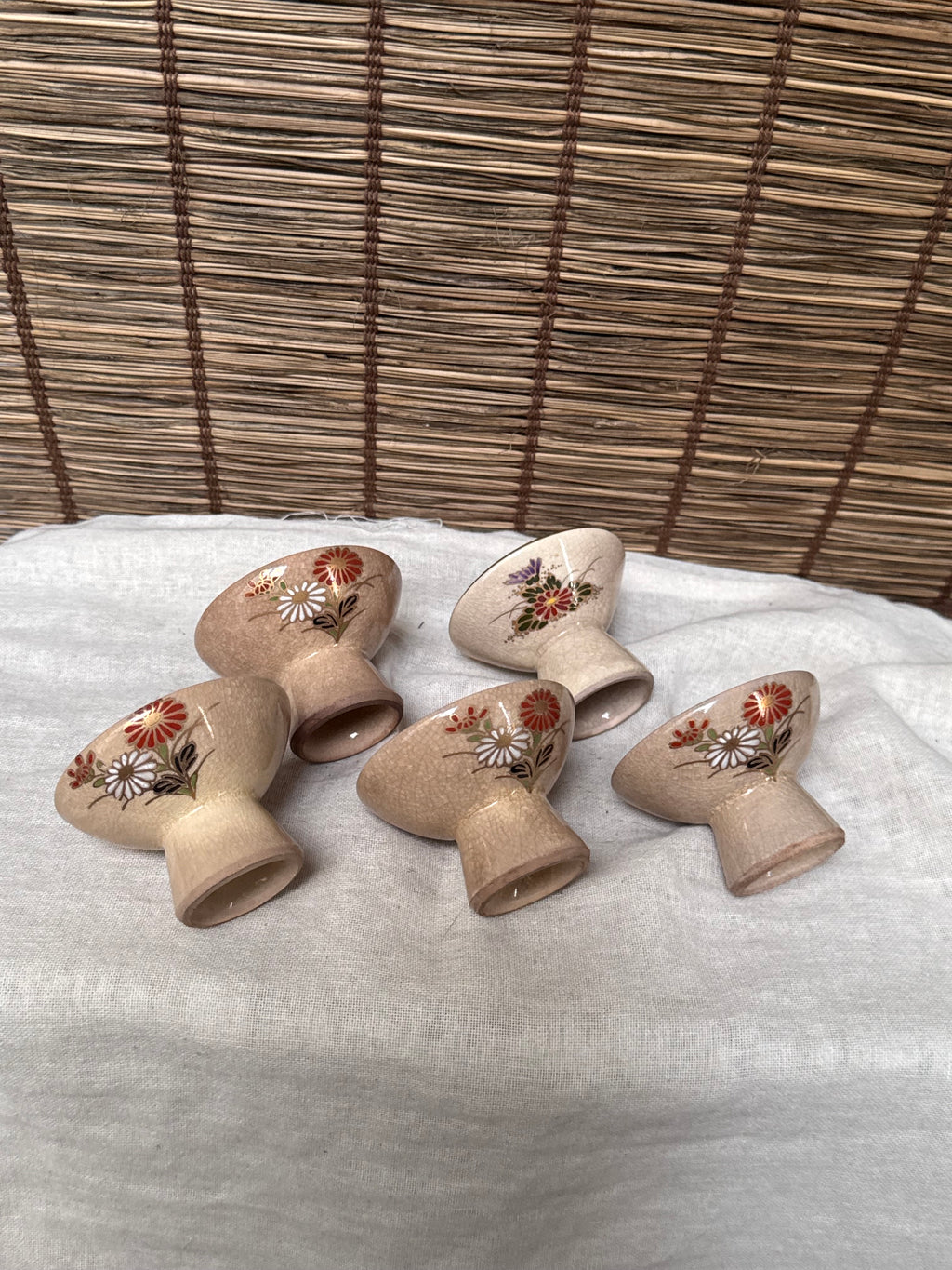 Kutani Ware Footed Sake Cups & Stands, Set of 5 — Hand-Painted Chrysanthemum, Crackle Glaze
