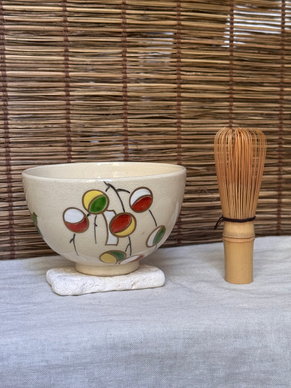 Kyoto Ware Matcha Bowl (Chawan) — New Year Mayudama & Uguisu-bue Motif, Iro-e Enamels