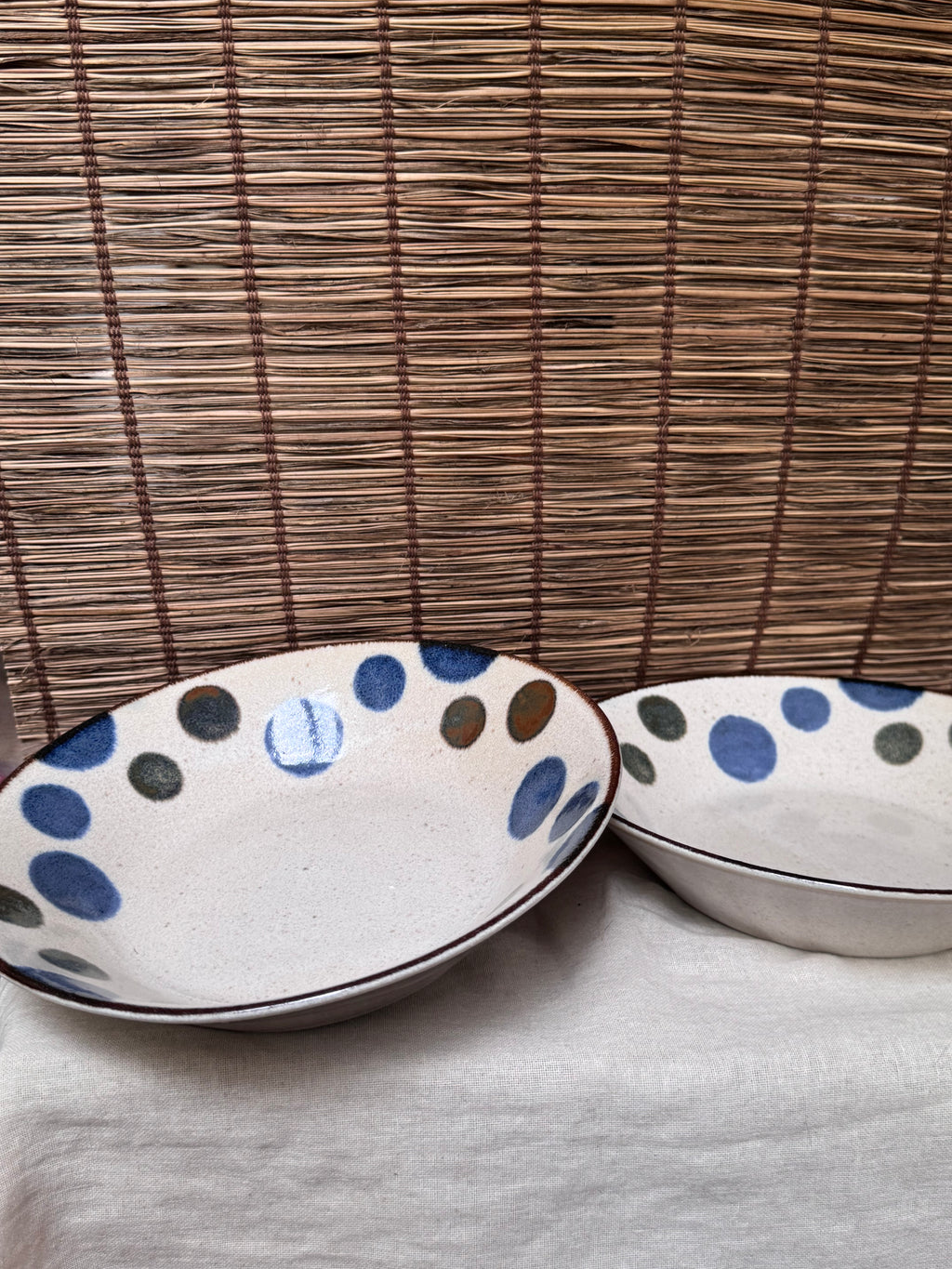 Ceram Polka Dot Bowls - Hand-Painted Blue & Olive Dots, Set of 2