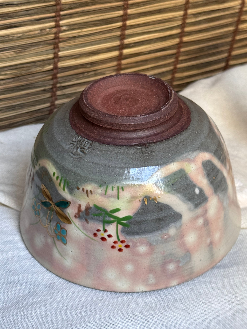 Kyoto Ware Matcha Chawan by Shōkoku (松谷) — Spring Fields in Raised Enamel and Gold, Signed Wooden Box