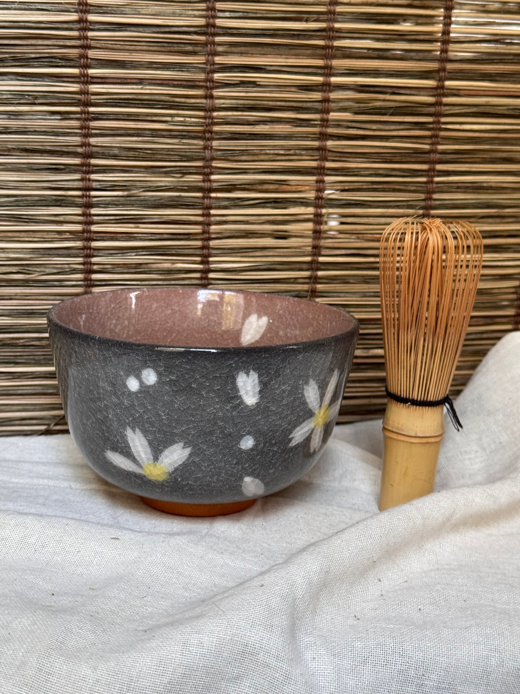 Celadon Matcha Bowl (Chawan) — Sakura Blossoms, Grey Crackle Glaze, Pink Interior