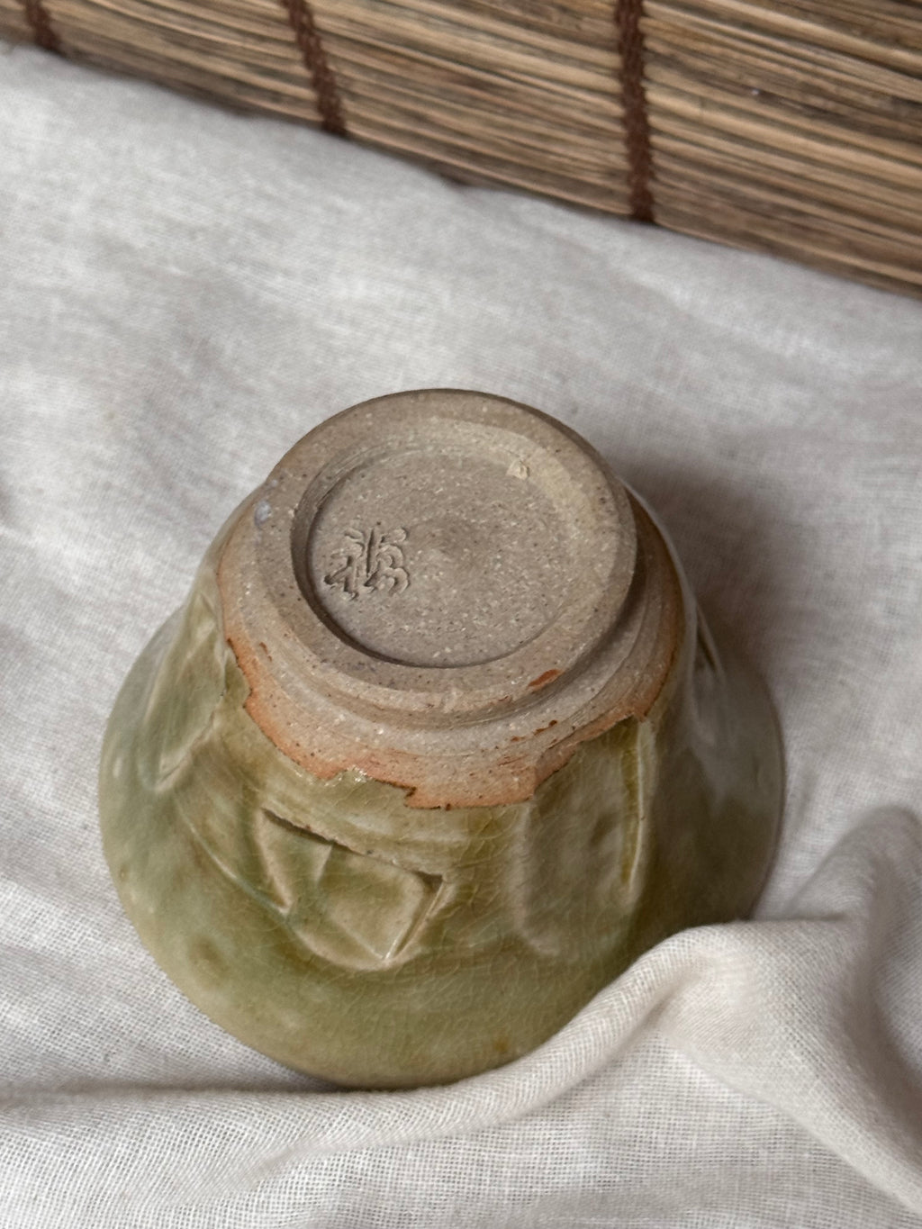 Celadon Cup — Carved Crane, Crackle Glaze, Sealed Base