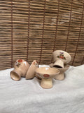 Kutani Ware Footed Sake Cups & Stands, Set of 5 — Hand-Painted Chrysanthemum, Crackle Glaze
