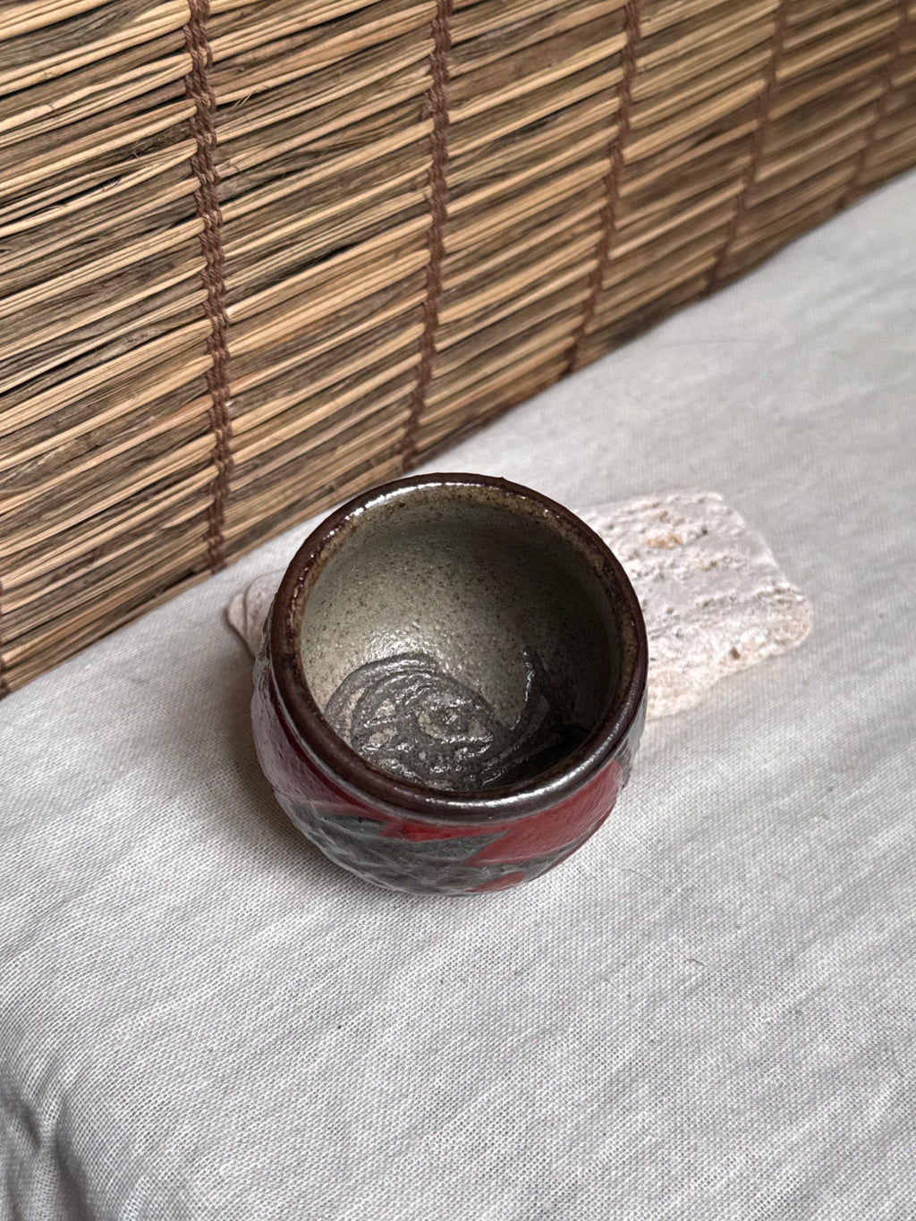 Tsuboya Ware by Kiyomasa Kobashigawa Sake/Tea Cup — Abstract Iron and Copper-Red Glaze, Ryukyu Art