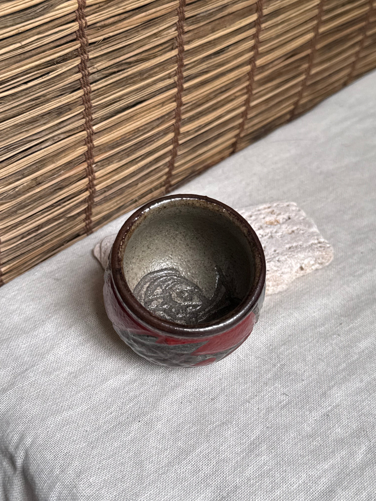 Tsuboya Ware by Kiyomasa Kobashigawa Sake/Tea Cup — Abstract Iron and Copper-Red Glaze, Ryukyu Art