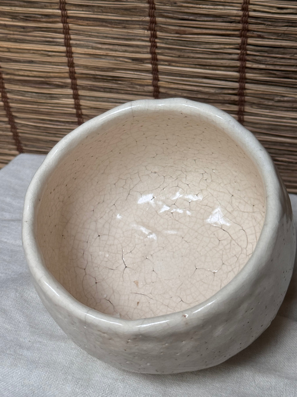 Shino Matcha Chawan — White Feldspar Glaze, Pinholed "Citron Skin" Surface