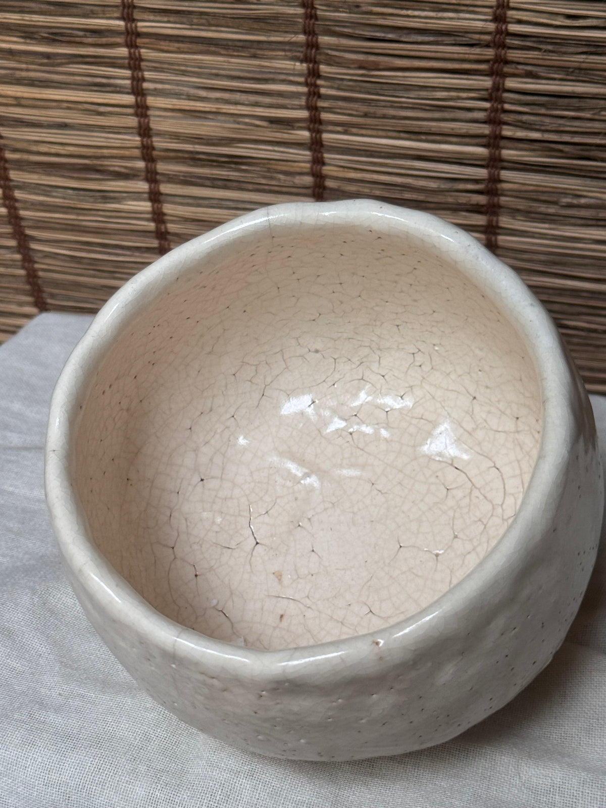 Shino Matcha Chawan — White Feldspar Glaze, Pinholed "Citron Skin" Surface