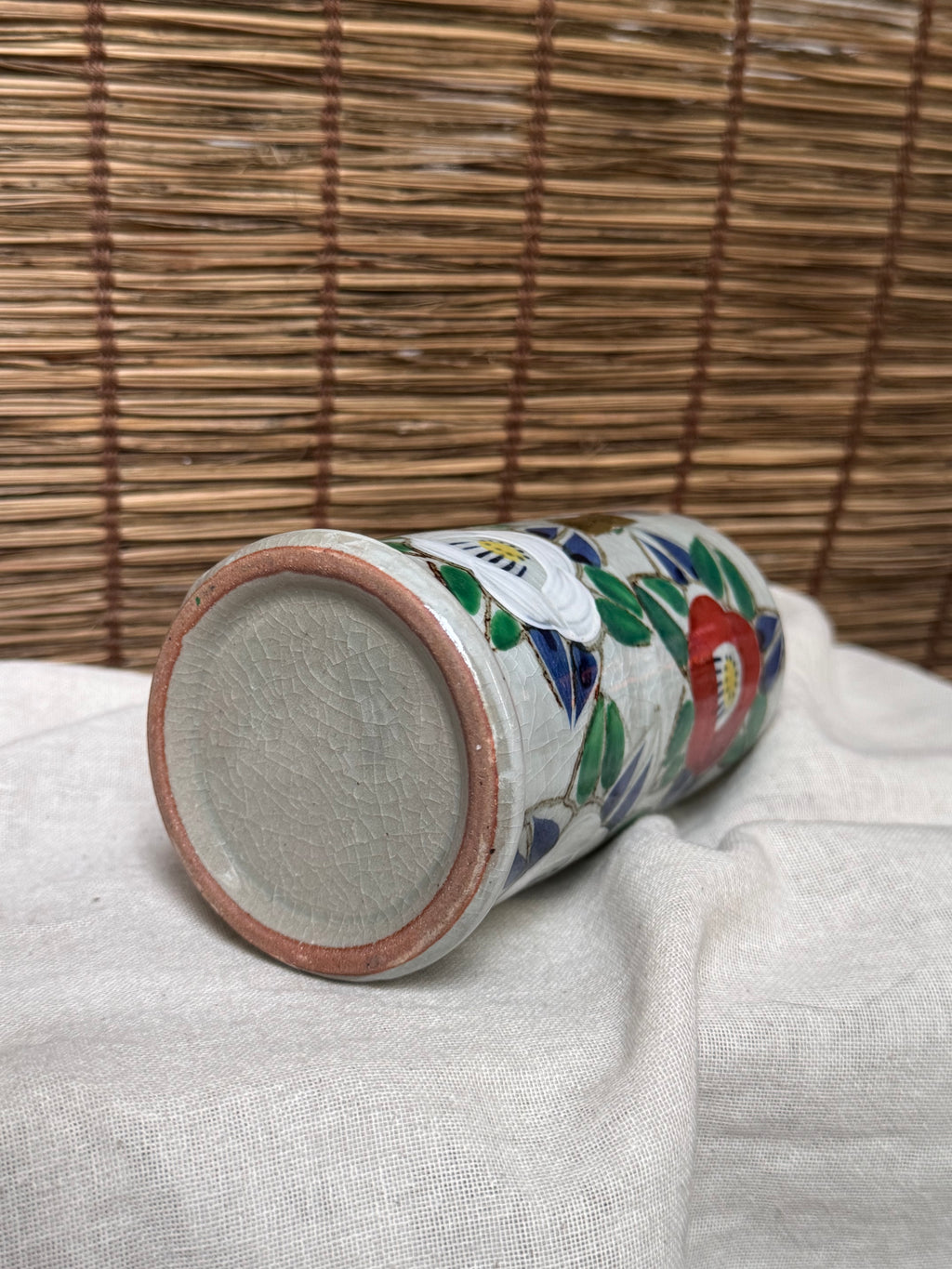 Mino Ware Crackle Glaze Camellia Vase, Hand-Painted Kannyu Ceramic Cylinder