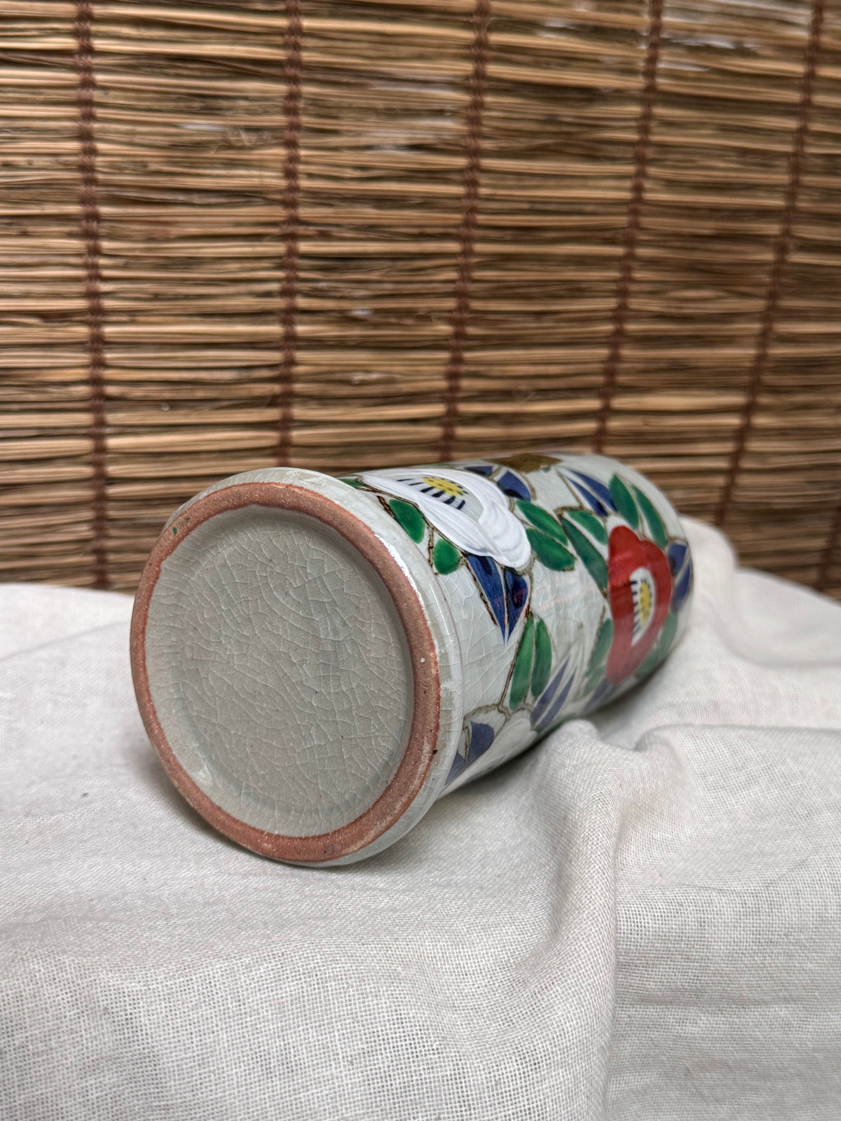 Mino Ware Crackle Glaze Camellia Vase, Hand-Painted Kannyu Ceramic Cylinder