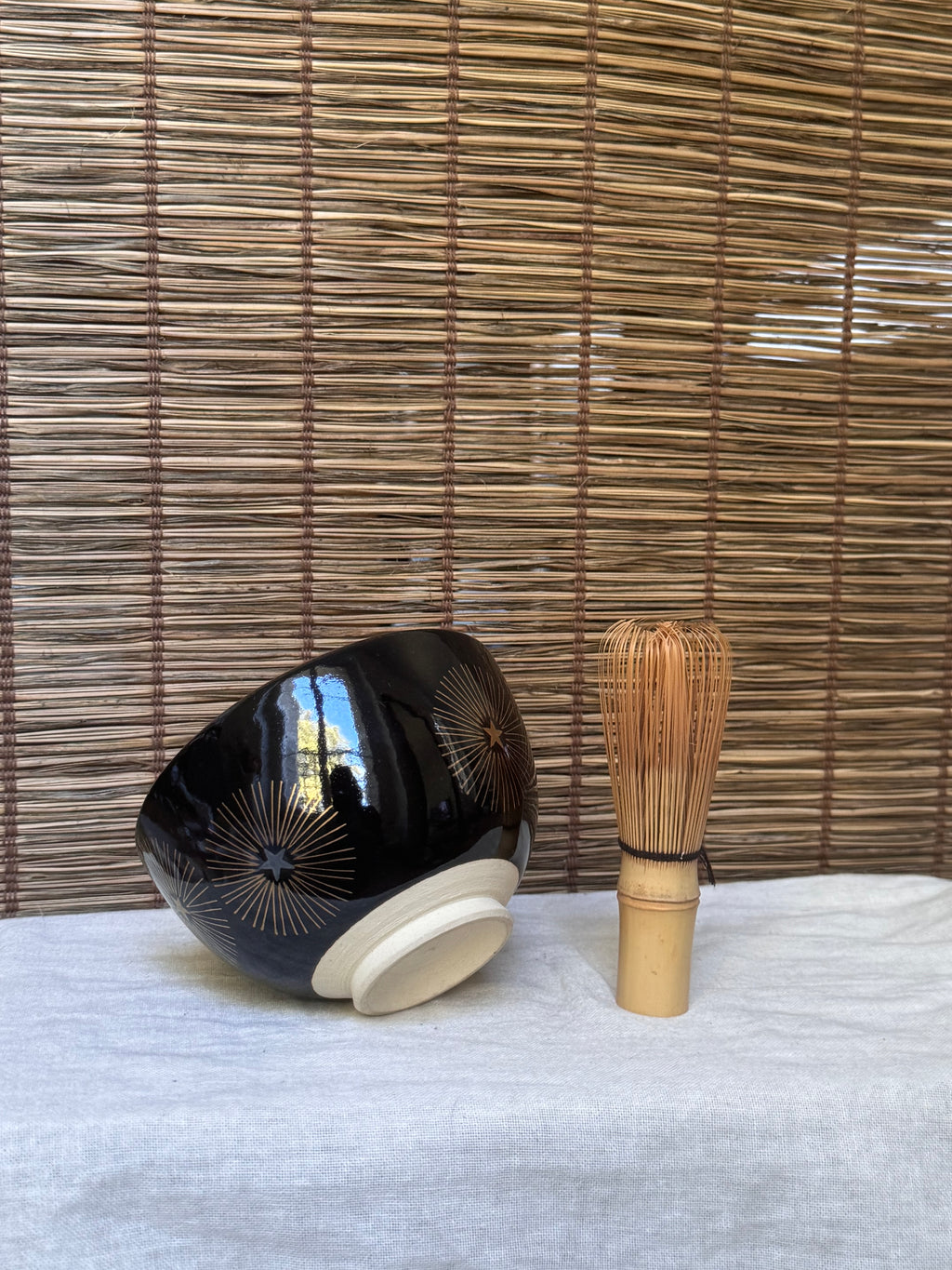 Kyoto Ware Matcha Bowl (Chawan) — Black Glaze, Gold Starburst Motif, Gilded Rim