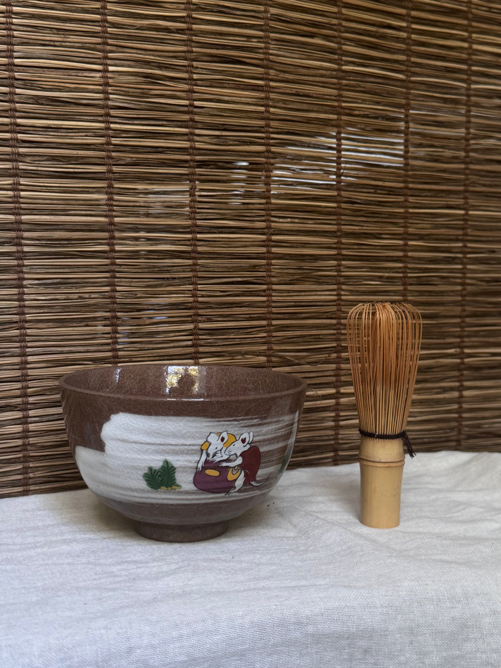 Kyoto Ware Zodiac Tea Bowl (Eto Chawan) — Daikoku's Mice with Lucky Mallet and Treasure Sack, Brushed Slip Swirl