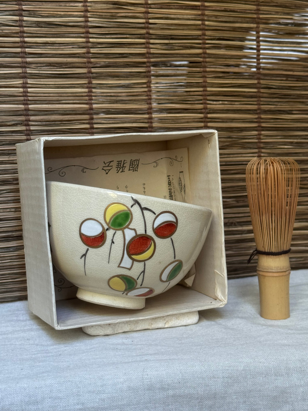 Kyoto Ware Matcha Bowl (Chawan) — New Year Mayudama & Uguisu-bue Motif, Iro-e Enamels