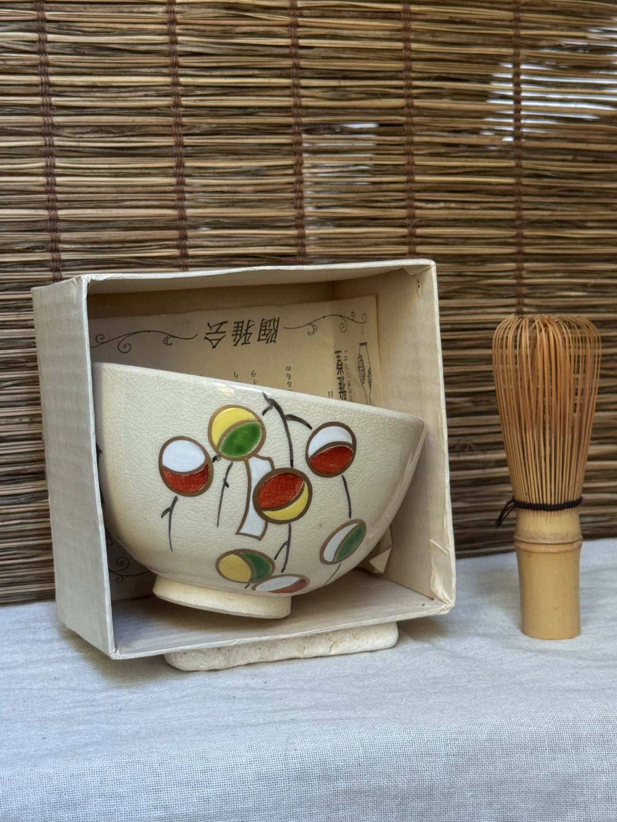 Kyoto Ware Matcha Bowl (Chawan) — New Year Mayudama & Uguisu-bue Motif, Iro-e Enamels