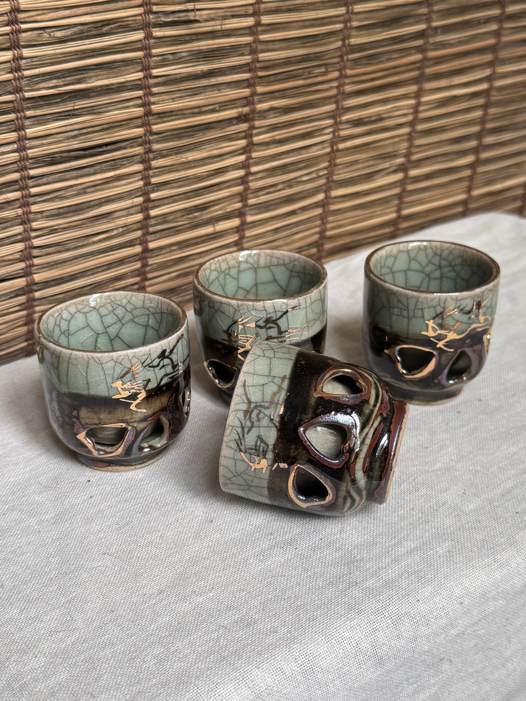 Sōma-yaki Double-Walled Cups, Set of 4 — Crackle Celadon Glaze, Cutout Design, Horse Gold Accents