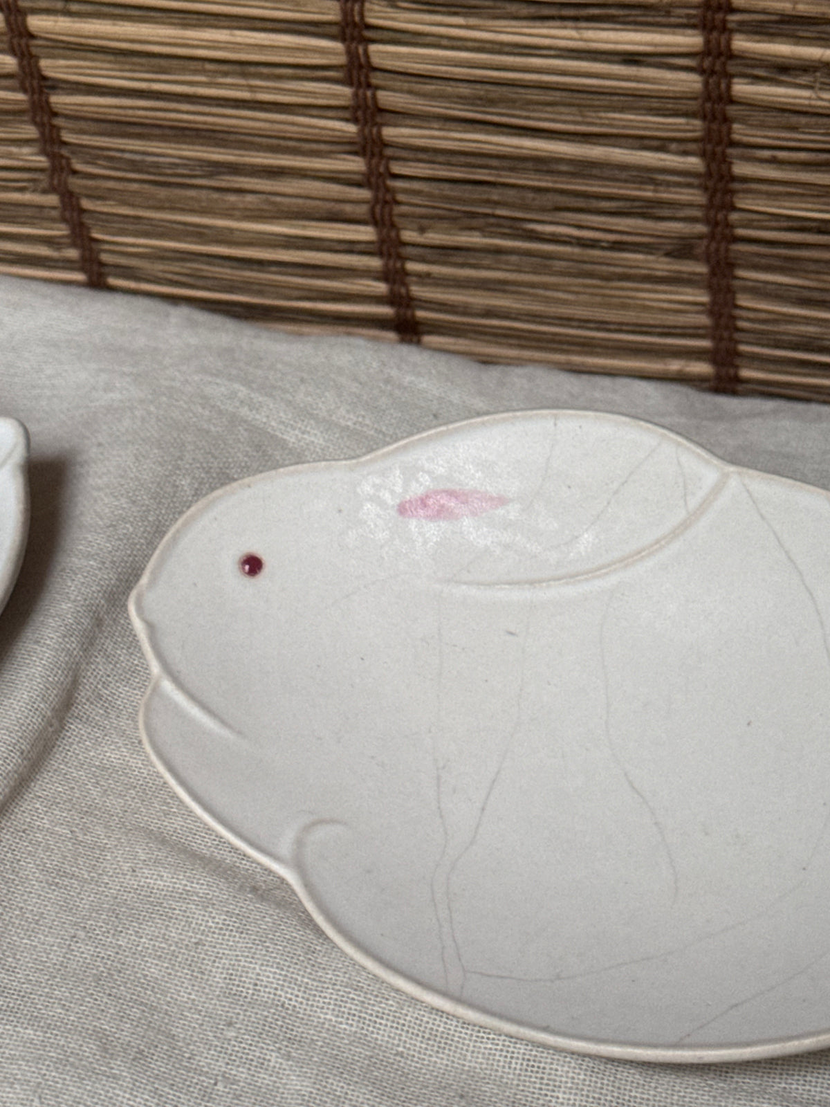 Tachikichi Rabbit-Shaped Plates, Single — White Crackle Glaze, Pink Ears