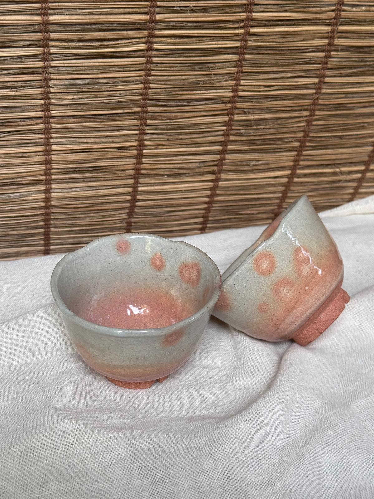 Hagi-Style Yunomi Tea Cups, Pair — Grey Ash Glaze with Iron-Spot