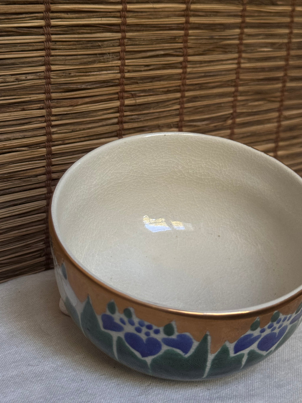 Kutani Ware Matcha Bowl (Chawan) — "Ayame" Iris Motif, Gold Ground, Signed, Wooden Box