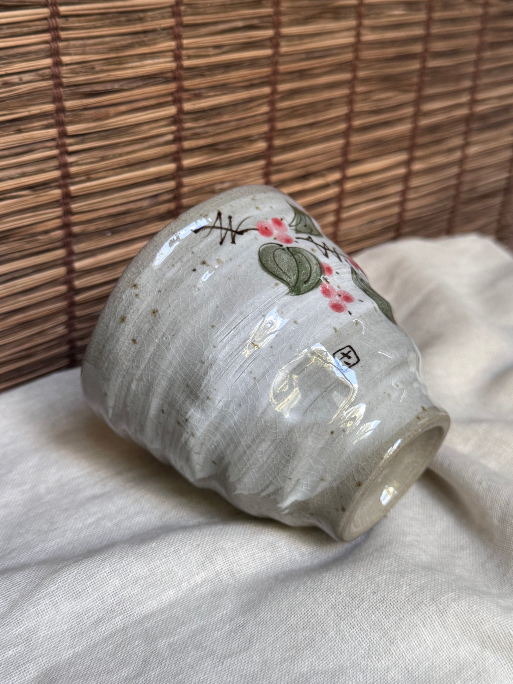 Mino-Yaki Studio Mugs, Hand-Painted Berry Design & Plain Crackle Glaze