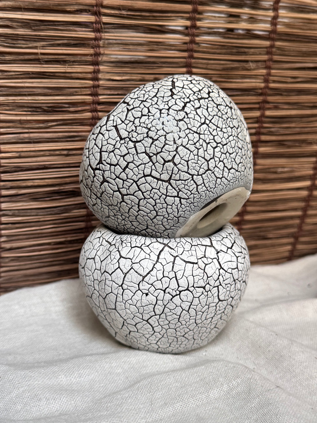 Japanese Crackle-Glaze Mini Plant Pots, Set of 2 — Round Ceramic Planters, Drainage Hole
