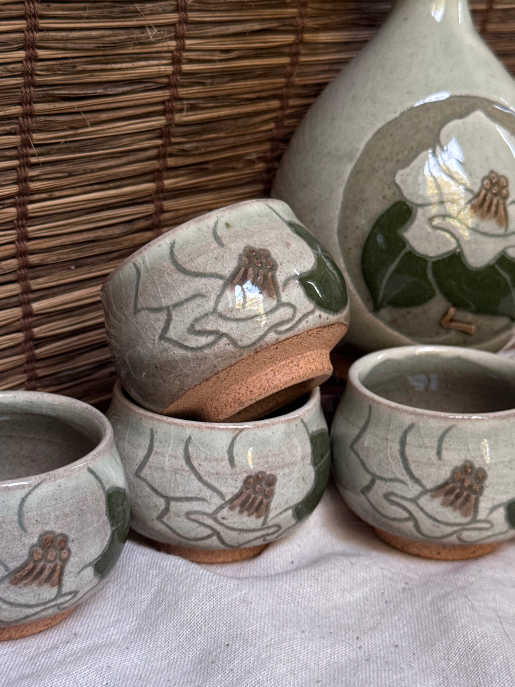 Mino Yaki Celadon Sake Set with Hand-Painted Camellia, Bottle & 6 Cups