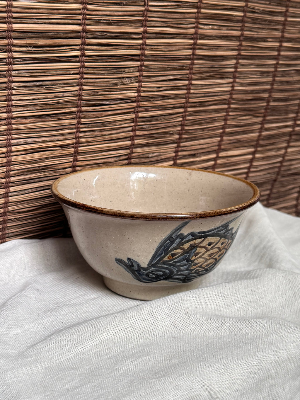 Tsuboya Ryukyu Chawan - Hand-Painted Fish Motif Tea Bowl, Okinawan Pottery