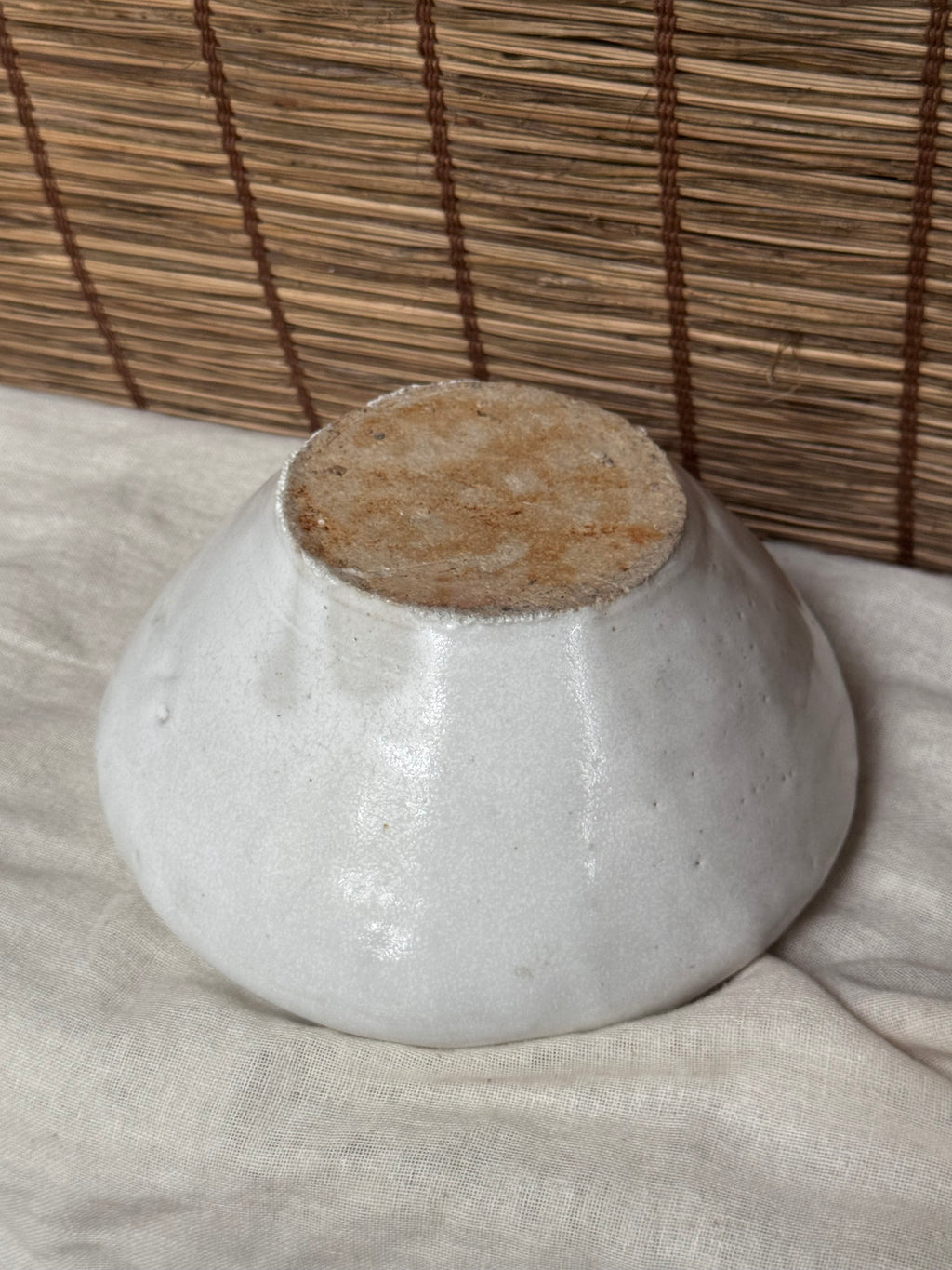 Organic White Glazed Stoneware Bowl — Hand-Formed Tapered Sides, Raw Clay Foot