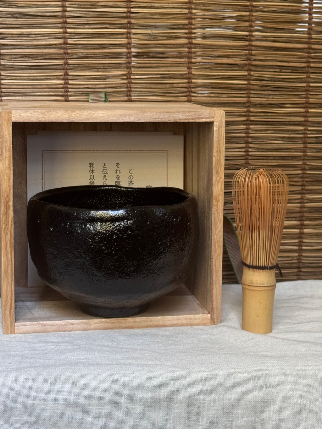Kuro Raku Tea Bowl (Black Raku Chawan) — Hand-Formed with Spatula-Carved Facets, Wooden Box