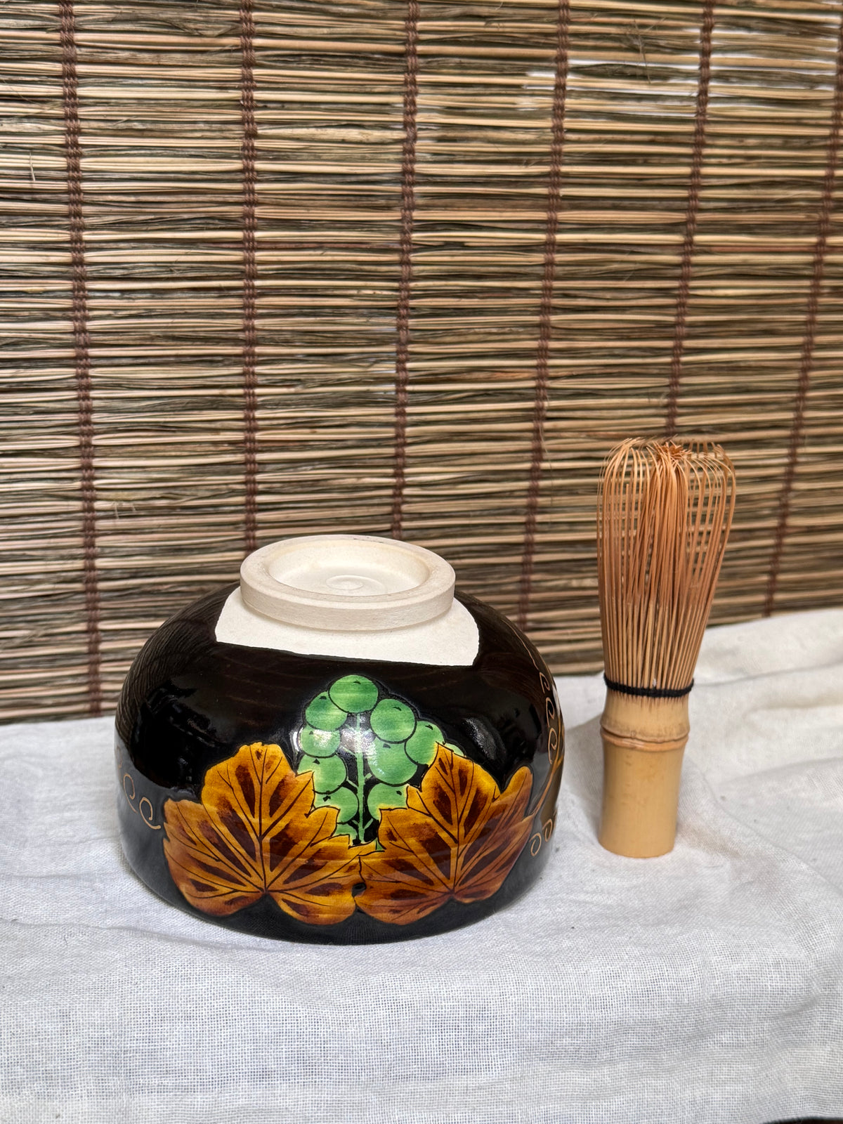 Kuro-Ninsei Chawan — Grapevine Motif, Kyoto Ware, Wooden Box