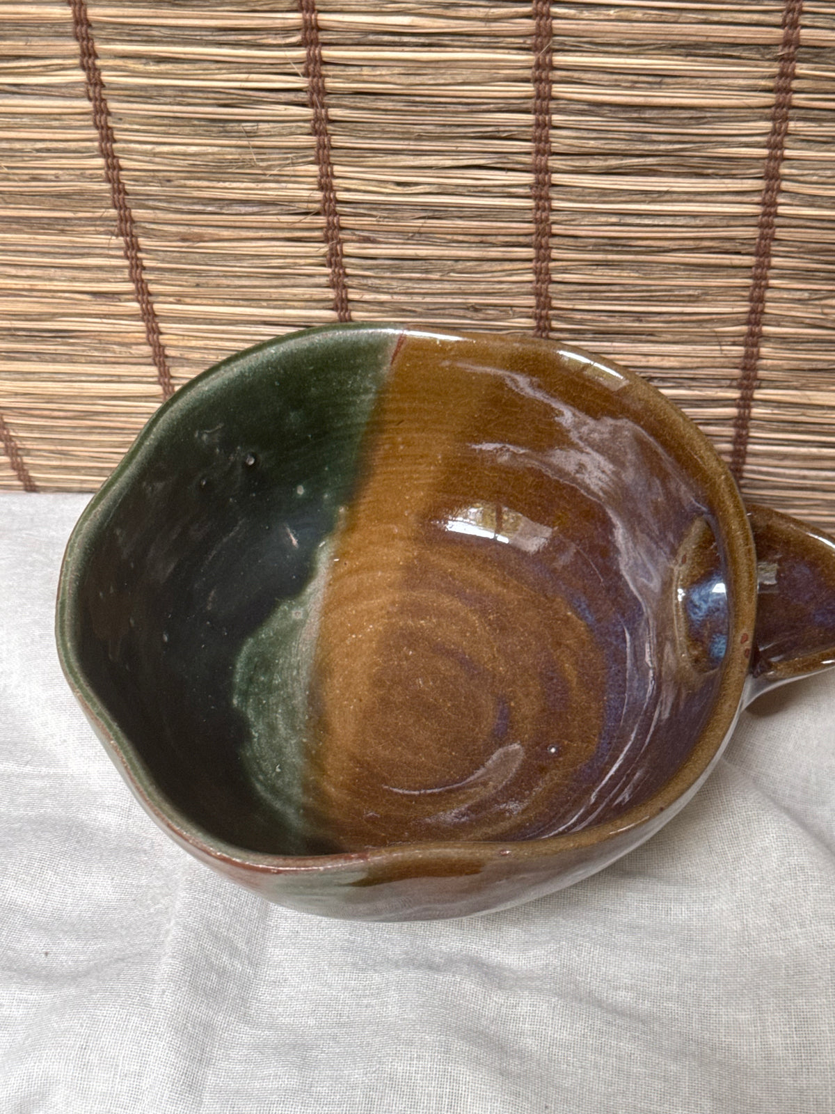 Katakuchi Matcha Bowl — Amber and Green Split Glaze, Blue Opalescence, Impressed Seal