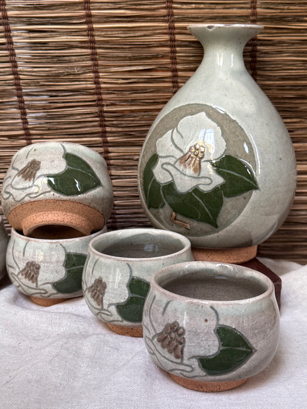 Mino Yaki Celadon Sake Set with Hand-Painted Camellia, Bottle & 6 Cups