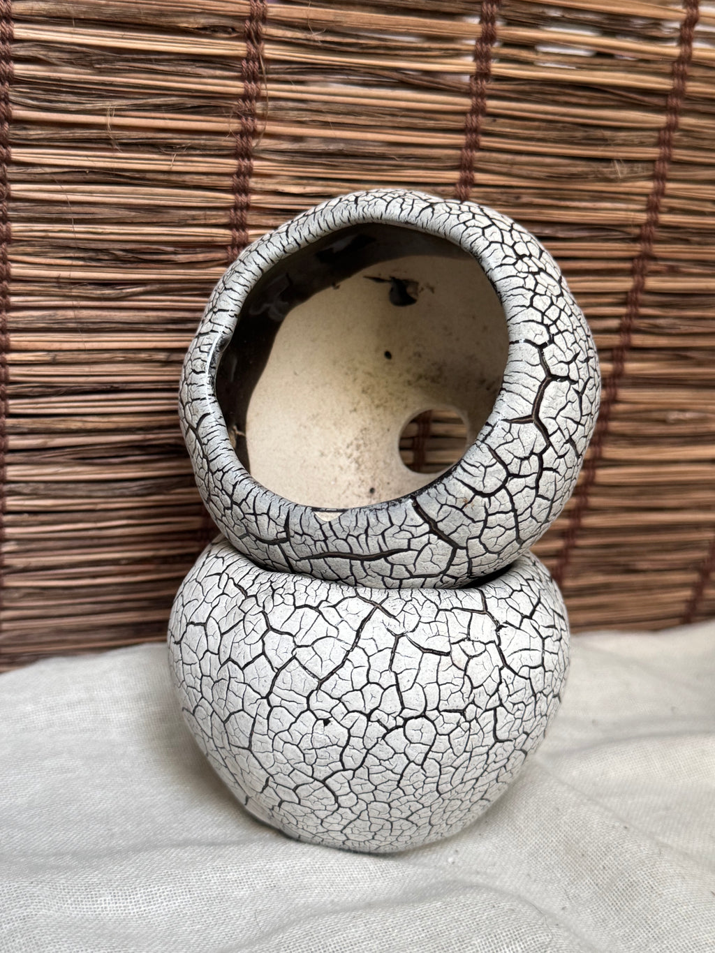 Japanese Crackle-Glaze Mini Plant Pots, Set of 2 — Round Ceramic Planters, Drainage Hole