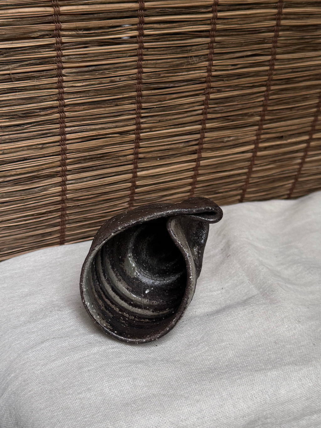 Shigaraki-Yaki Wood-Fired Yunomi Cup, Wave-Cut Rim, Natural Ash Glaze